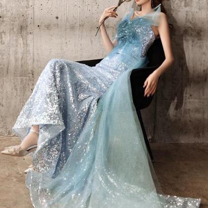 V-neck Blue Prom Dress Sexy Glitter Evening..