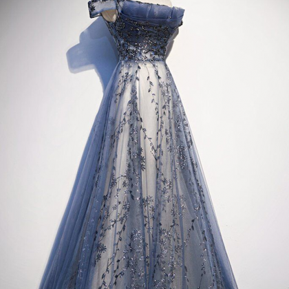 Shiny Prom Dresses,stunning Blue Tulle Off..