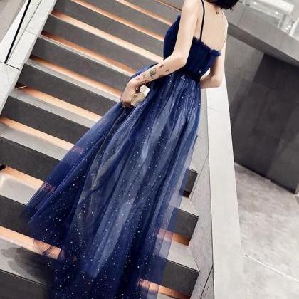 Navy Blue Tulle Long A-line Prom With Sequin, Sexy..