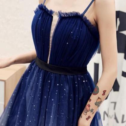 Navy Blue Tulle Long A-line Prom With Sequin, Sexy..