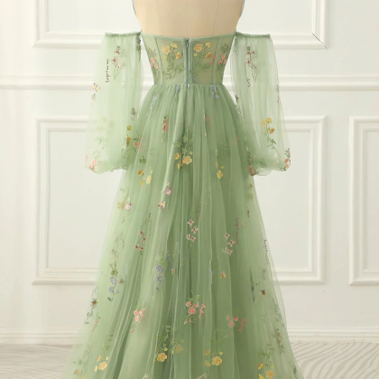 Light Green Tulle Floral Sleeves Long Party Dress,..