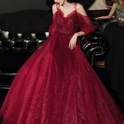Chic Burgundy Tulle Long A-line Prom With Lace,..