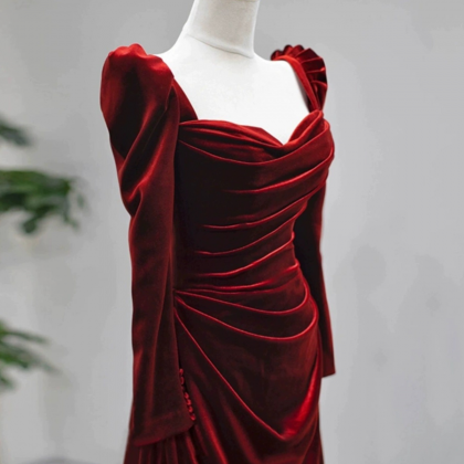 Long Sleeve Prom Dress Burgundy Evening Dress..