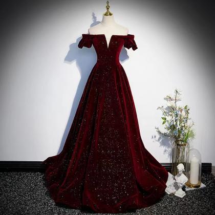 Elegant Burgundy Evening Dress Off Shoulder Gitter..