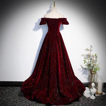 Elegant Burgundy Evening Dress Off Shoulder Gitter..