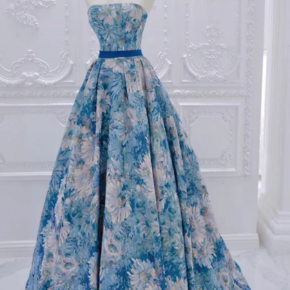 Strapless Vintage Dress Blue Blue Jacquard Oil..