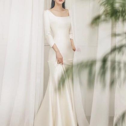 Long Sleeve Wedding Dress White Satin Bridal Dress..