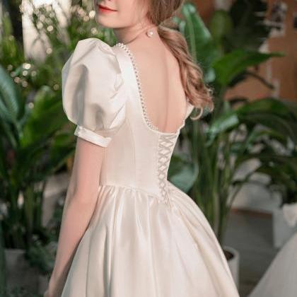 Squaren Neck Wedding Dress White Satin Party Dress..