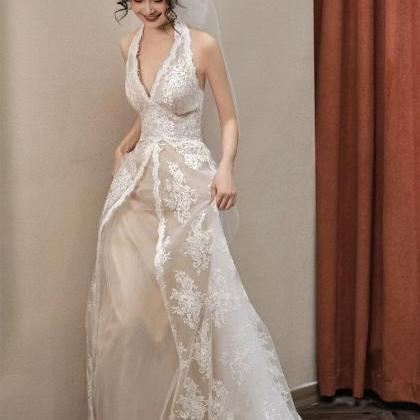 Vintage Wedding Dress Halter Neck Lace Bridal..