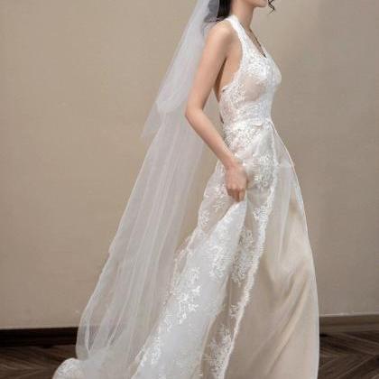 Vintage Wedding Dress Halter Neck Lace Bridal..