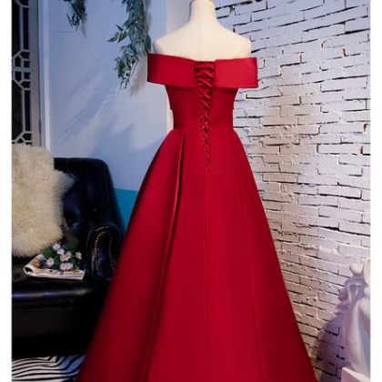 Burgundy Prom Dress Off Shoulder Elegant Satin..