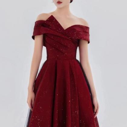Burgundy Prom Dress Off Shoulder Elegant Tulle..