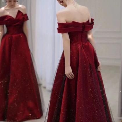 Burgundy Prom Dress Off Shoulder Elegant Tulle..