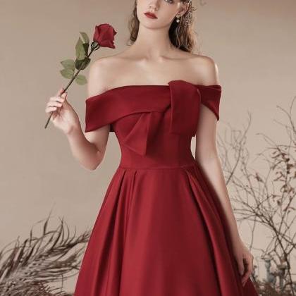 Burgundy Prom Dress Off Shoulder Elegant Satin..