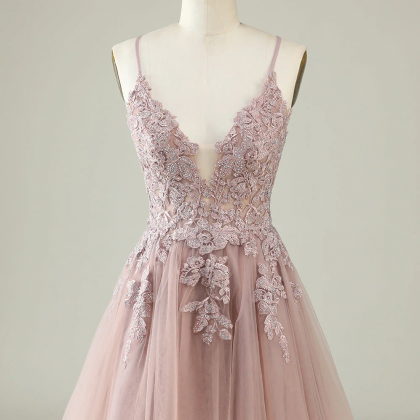 Pink Prom Dress Strap Lace Homecoming Dress Cute..