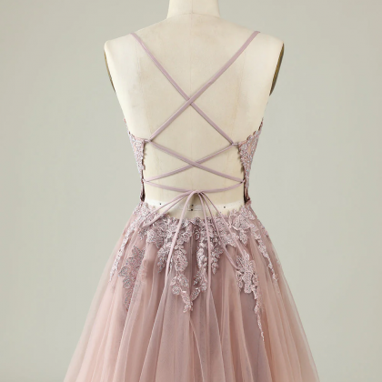 Pink Prom Dress Strap Lace Homecoming Dress Cute..