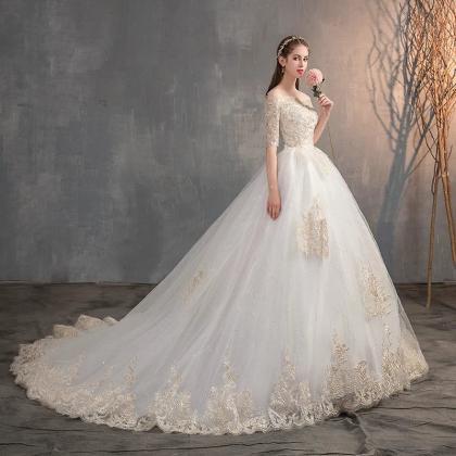 Elegant Off-shoulder Lace Bridal Gown With Train on Luulla