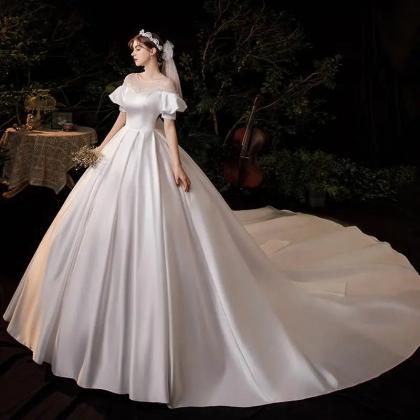 Off The Shoulder Elegant Ivory Wedding Dress With Train Satin Evening Dress main image 0