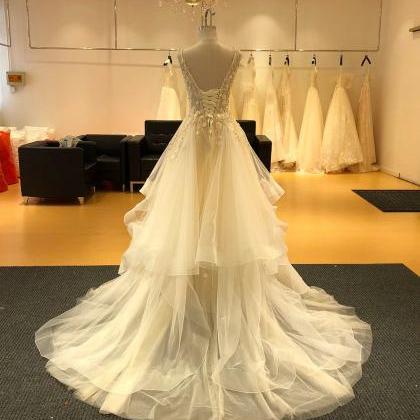 Handmade V Neck Lace Tulle Long Handmade Wedding Dress Bridal Gown main image 1