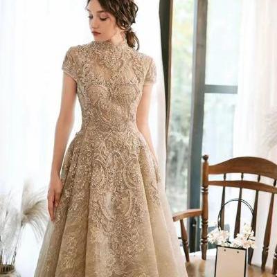 Champagne wedding dress, heavy bead prom dress, stand collar, lace luxury dress,handmade