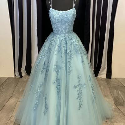 Blue tulle lace applique dress, long ball gown dress formal dress,spaghetti strap prom dress,Handmade