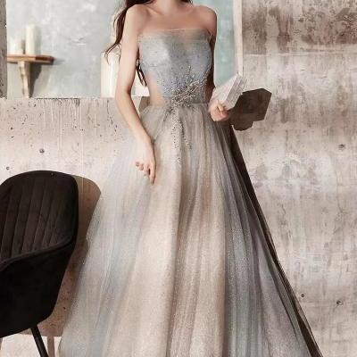 Light blue sexy dress, strapless beaded prom dress, starry party dress,handmade
