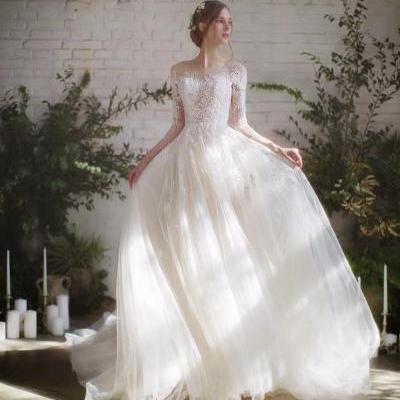Long sleeve bridal dress,lace wedding dress, elegant ball gown wedding dress,Handmade