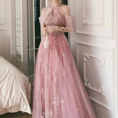 Pink party dress, halter neck prom dress, sweet fairy evening dress,Handmade