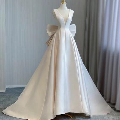 V-neck wedding dress, white wedding dress, elegant bridal dress with bowknot,handmade