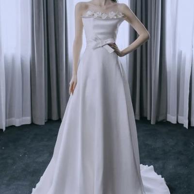 Strapless wedding dress, white wedding dress, elegant bridal dress,chic satin bridal dress ,handmade