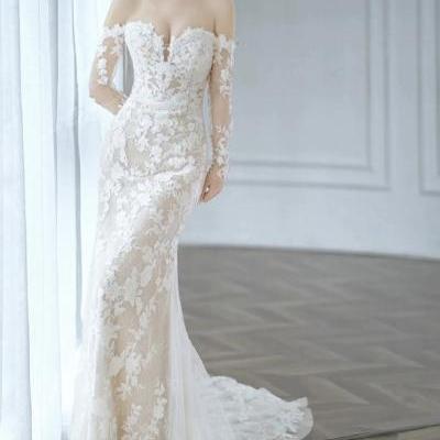 Tulle wedding dress, bridal princess dress, off-shoulder wedding dress, temperament slim mermaid dress,handmade