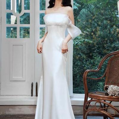 Satin wedding dress, off shoulder bridal dress, white wedding dress ,handmade