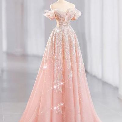 Fairy pink evening dress, Princess prom dress, ,off shoulder party dress, light luxury bridal dress,,Handmade