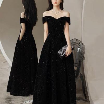 Off shoulder prom dress, black evening dress, new star velvet shiny party dress,Handmade