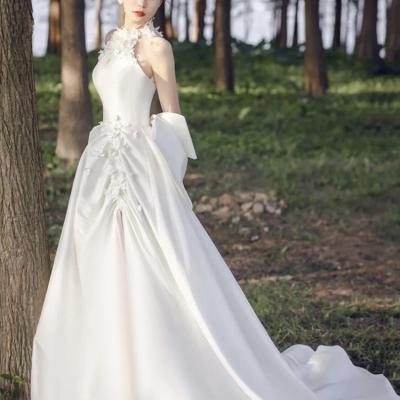 Halter neck wedding dress,satin bridal dress,white wedding dress,luxury wedding dress,handmade