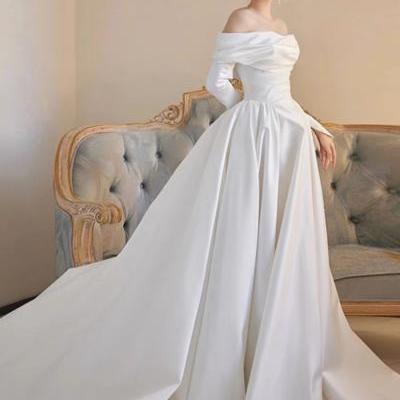 Off shoulder wedding dress, white wedding dress, elegant bridal dress,long sleeve satin wedding dress,custom made