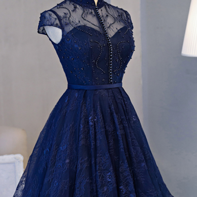 Short party dress lace prom dress, navy blue homecoming dress
