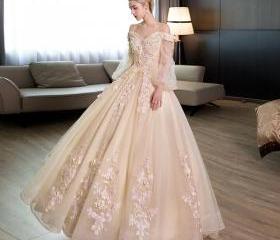 Off-the-Shoulder Ball Gown with Beaded Bustier and High Slit Dark Green