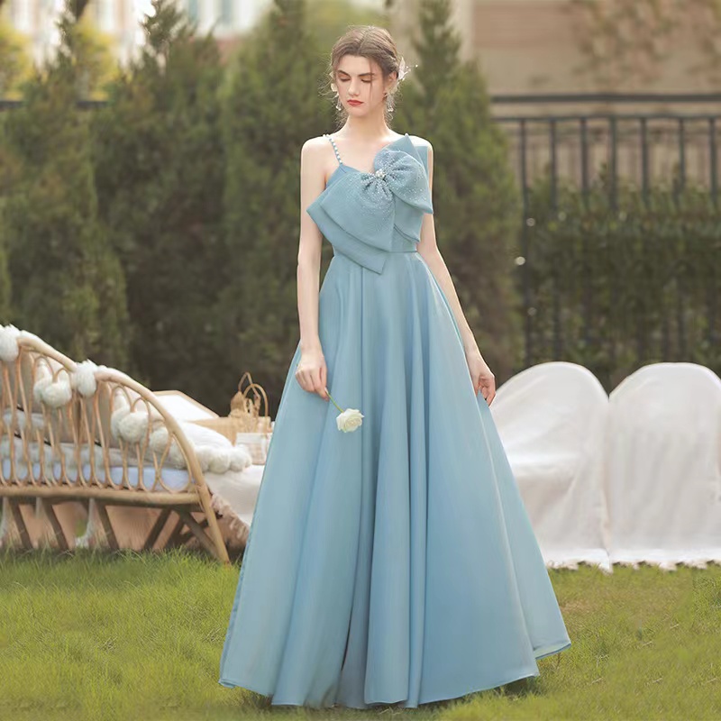 Satin Blue Prom Dress, Halter Bridesmaid Dress, Sweet 16 Party Dress,handmade