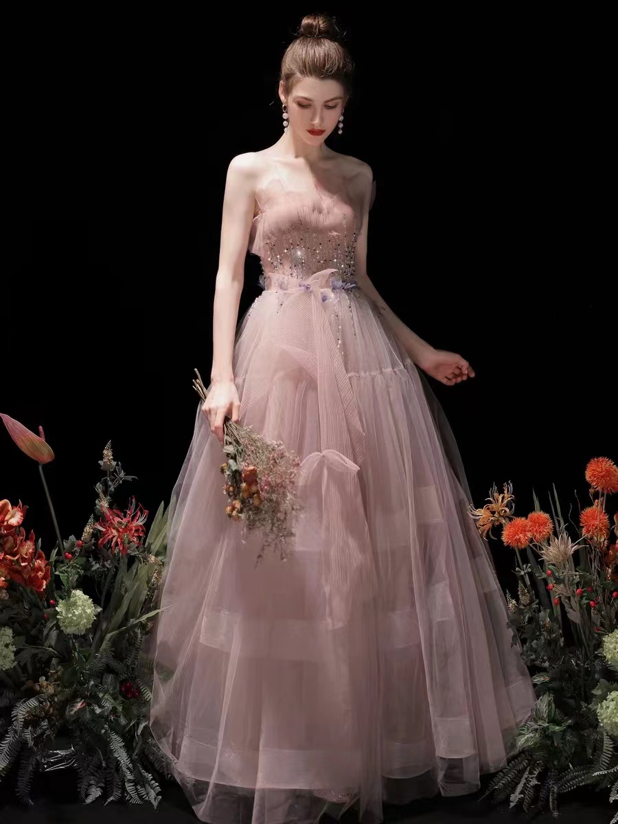 Pink Star Party Dress, Strapless Beaded Prom Dress, Cute Bridesmaid Dress ,handmade