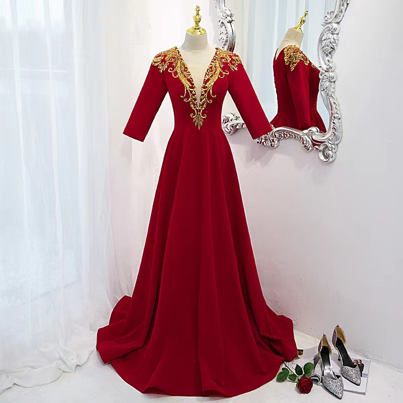 Sexy, Deep V-neck Midsleeve Evening Dress, Red Formal Dress With Bead ,handmade