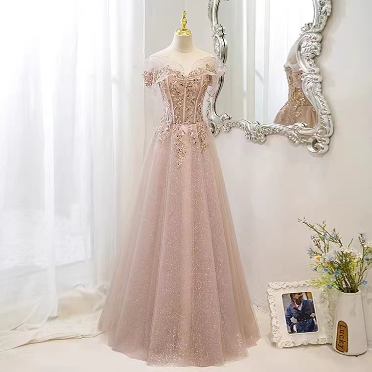 Off Shoulder Pink Evening Dress, Beaded Luxury Party Dress, Fairy Dress  ,handmade
