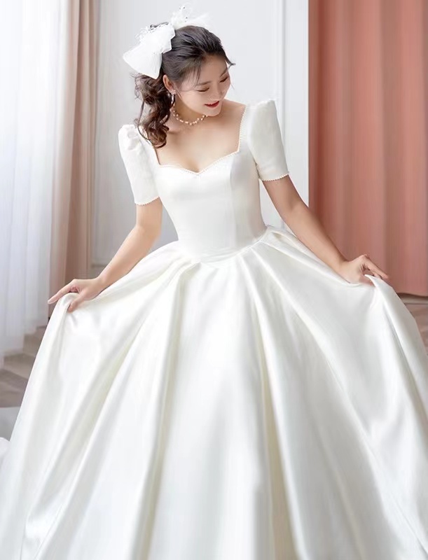 Satin Simple Wedding Dress, Little White Prom Dress,handmade