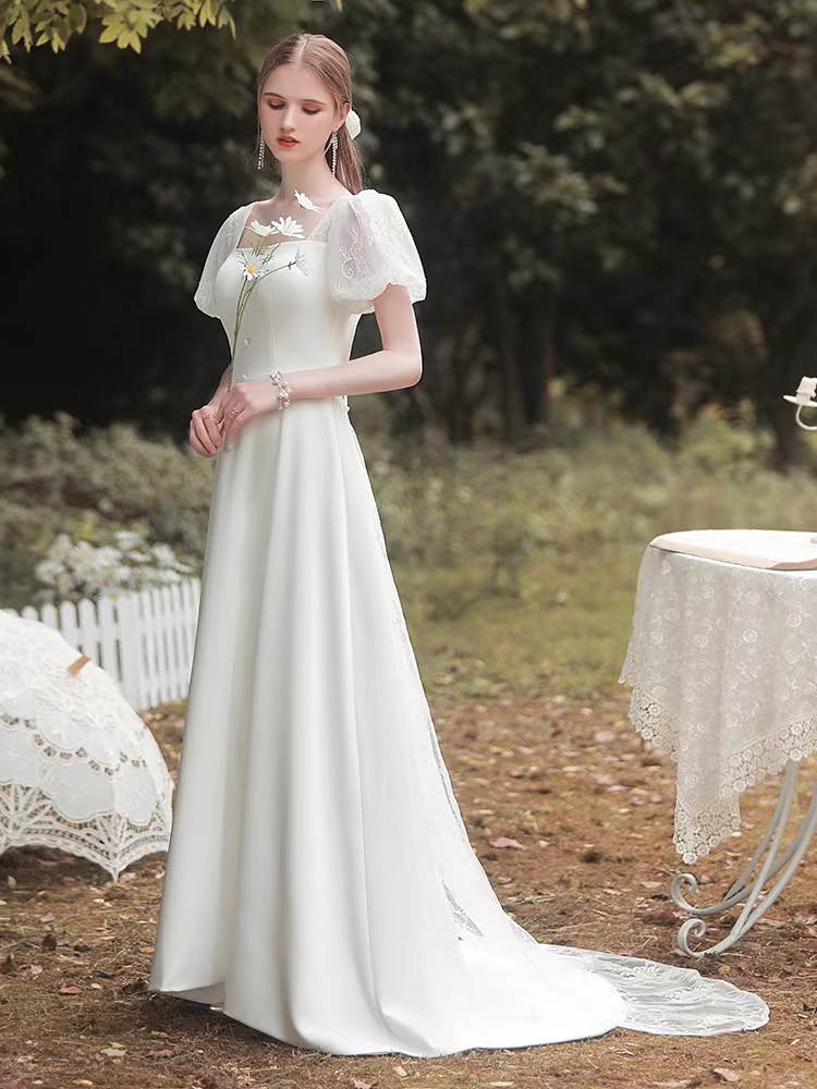 Shop simple white v-neck satin mermaid wedding dress with middle slit from  Hocogirl.com