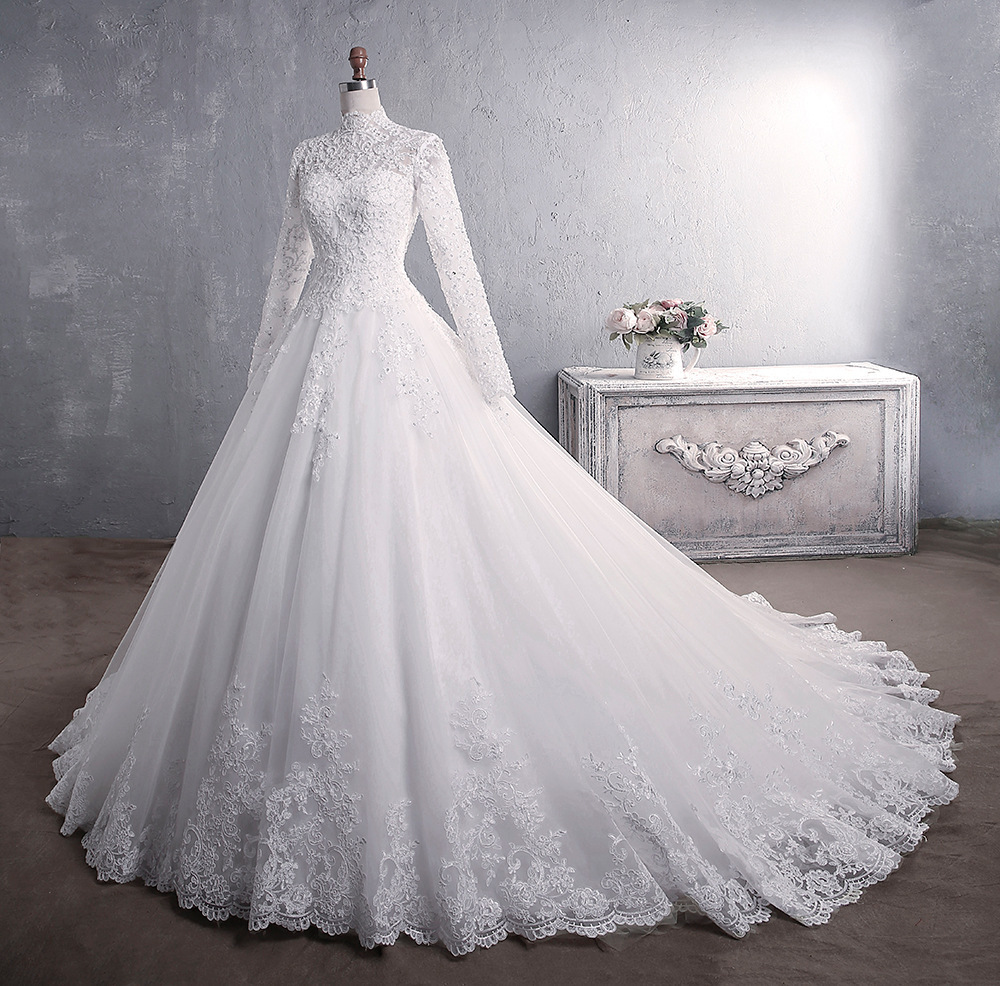 Lace Wedding Dress, , Stand Neck Long Sleeve Wedding Dress,handmade