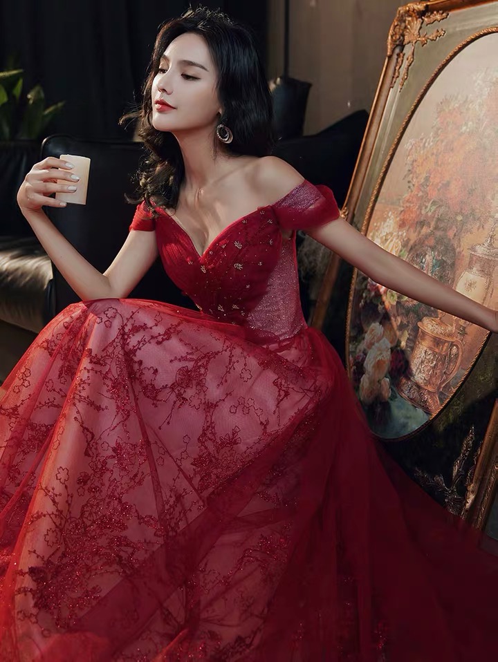 Red Prom Dress, Sexy, Noble Bridal Dress, Off Shoulder Evening Dress,handmade