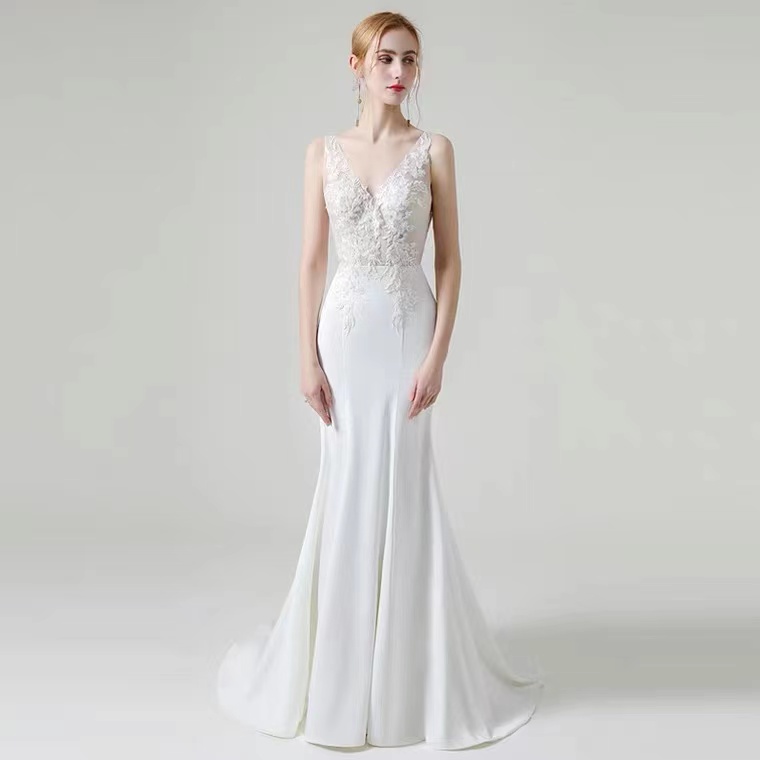 V Neck Wedding Dress, Mermaid Light Wedding Dress, White Trailing Bridal Dress,handmade