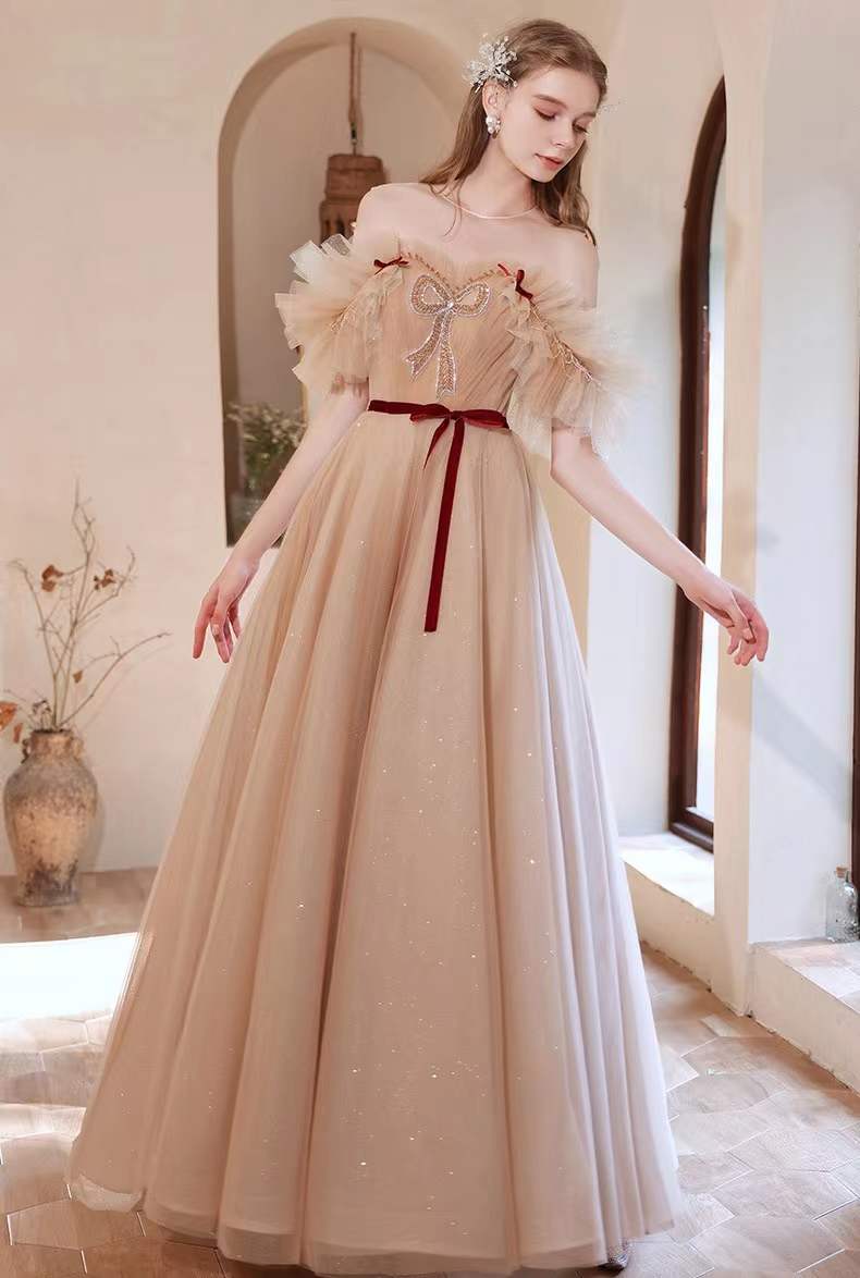 Champagne Beaded Prom Dress, O-neck Fairy Dress, Cute Party Dress,handmade