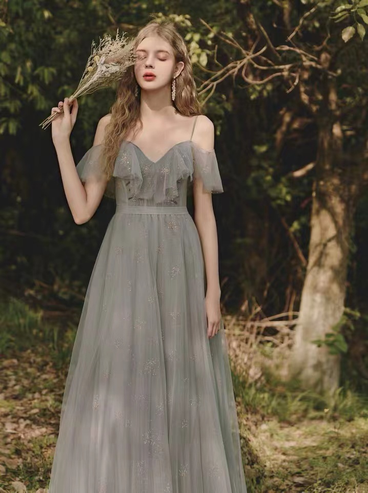 Gray Bridesmaid Dress, Fairy Prom Dress, Spaghetti Strap Party Dress,handmade