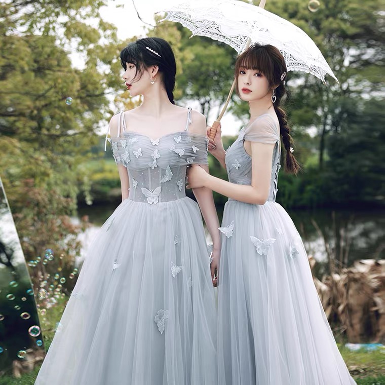 Gray Bridesmaid Dress, Fairy Prom Dress, Sister Dress, Long Appliique Party Dress,handmade